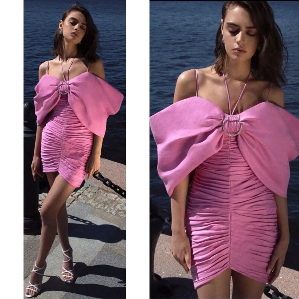 RASARIO Bow Embellished Draped Off the Shoulder Pink Linen Mini Dress Size 2